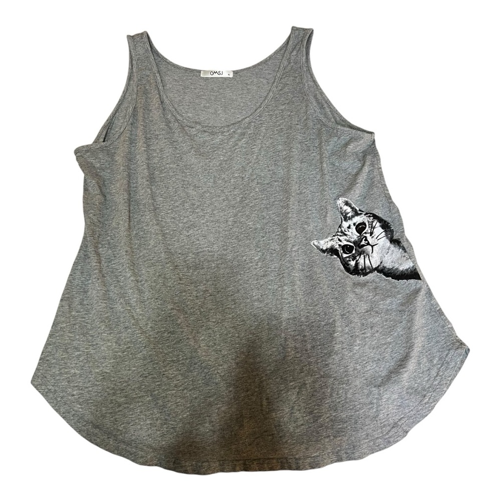 OMSJ 100% Cotton Gray Women's Tank Top with Kitty Cat